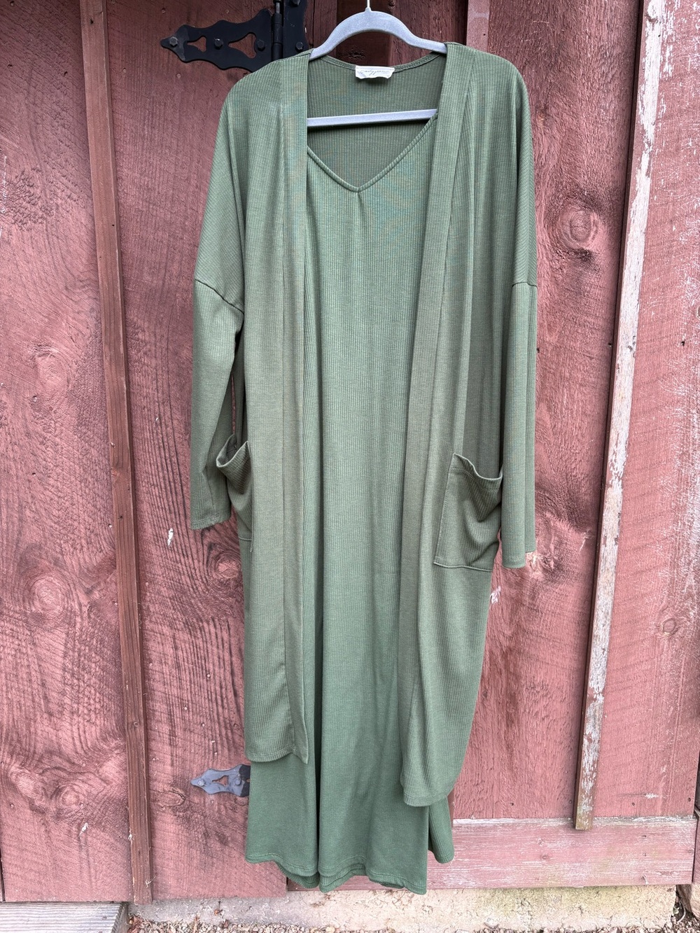 Carly Jean Los Angeles Olive Green Ribbed Spaghetti Dress & Open Cardigan